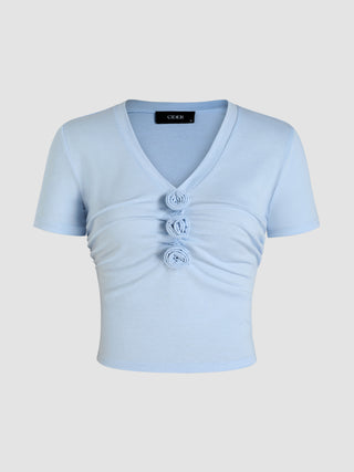 Jersey V-neck Solid Rosette Ruched Short Sleeve Tee