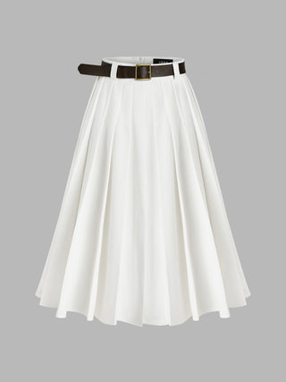 Mid Waist Solid Pleated Maxi Skirt With Belt