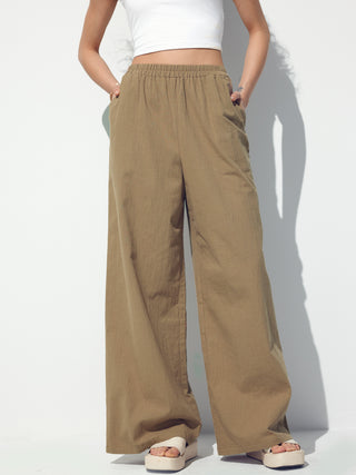 Mid Elastic Waist Pocket Wide Leg Trousers
