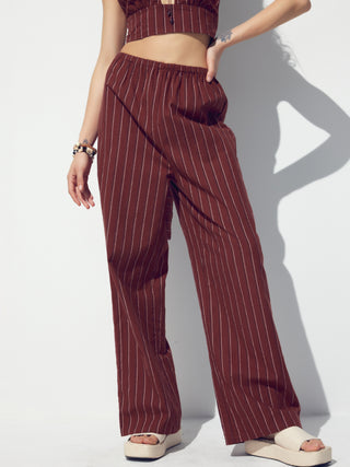 Mid Elastic Waist Striped Wide Leg Trousers