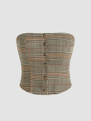 Off-shoulder Check Houndstooth Button Crop Top