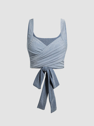 Knit Fabric Glitter V-neck Solid Ruched Top