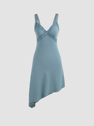 Knit Fabric V-neck Lace Asymmetrical Mini Dress