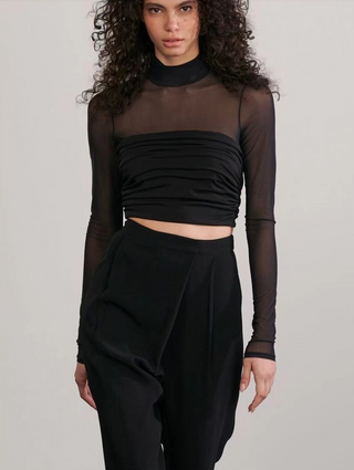 Mesh Stand Collar Solid Long Sleeve Tee