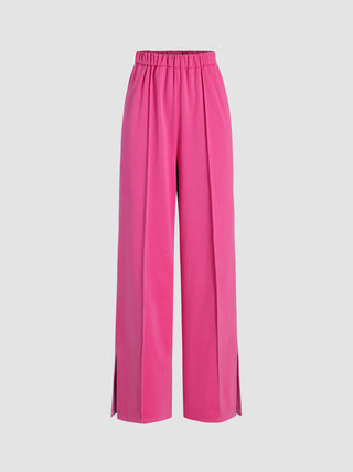 Mid Waist Solid Split Straight Leg Trousers