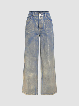 Metallic Denim High Waist Pocket Wide Leg Jeans