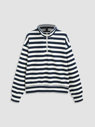Jersey High Neck Zipper Striped Sweatshirt