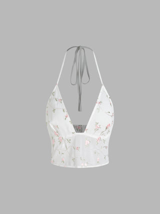 Mesh V-neck Halter Floral Embroidery Bowknot Crop Top