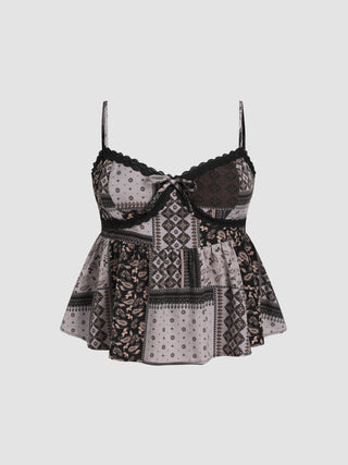 Patchy Lace Trim Sleeveless Ruffle Hem Cami Top Curve & Plus