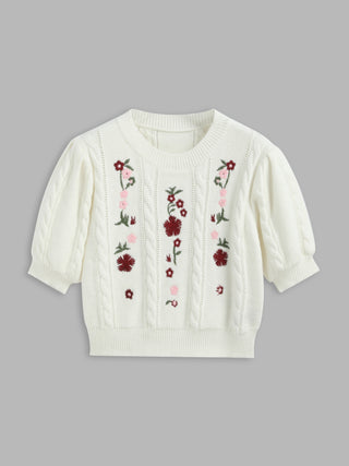Round Neck Embroidered Floral Knit Short Sleeve Top