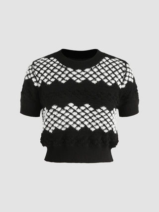Round Neck Argyle Knit Short Sleeve Crop Top