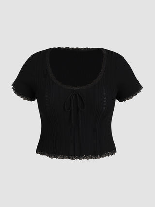 Round Neckline Knitted Lace Trim Bowknot Short Sleeve Top Curve & Plus