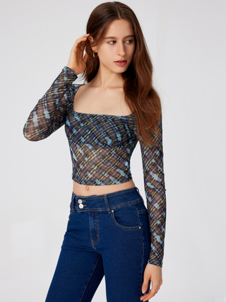 Mesh Square Neck Check Long Sleeve Crop Top