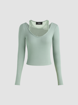 Jersey Round Neckline Solid Crop Long Sleeve Tee