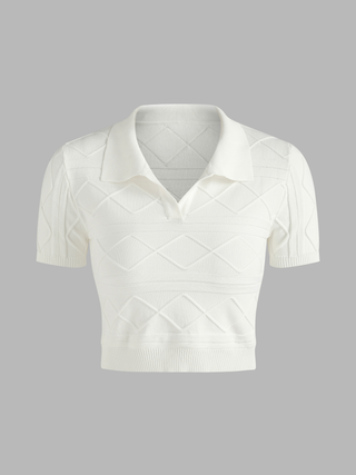 Knit Argyle Texture Crop Collar Top Curve & Plus