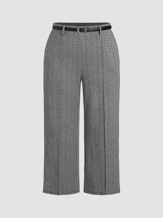 Mid Waist Geometric Straight Leg Trousers With Belt Curve & Plus