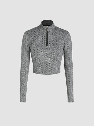 Jersey Collar Geometric Zipper Long Sleeve Crop Top