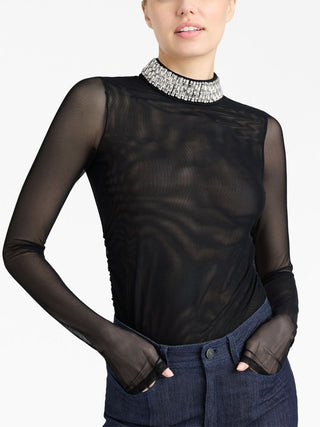 Mesh Stand Collar Solid Beaded Long Sleeve Top