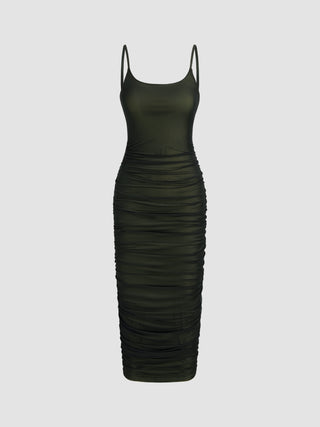 Mesh U-neckline Solid Ruched Maxi Dress