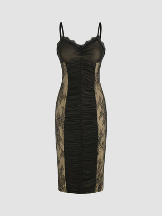 Mesh V-neck Solid Lace Midi Dress