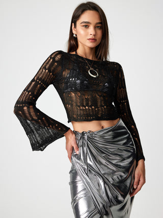 Round Neckline Hollow Out Knitted Long Sleeve Top