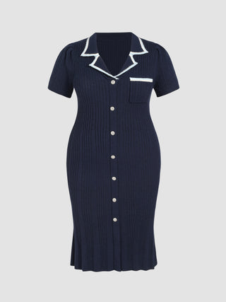 Knit Collar Contrast Binding Button Midi Dress Curve & Plus