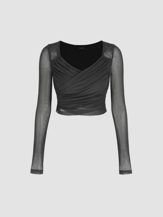 Mesh V-neck Solid Ruched Long Sleeve Crop Top