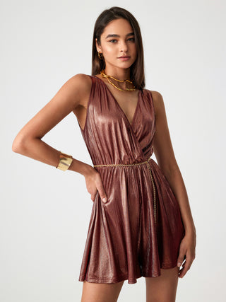 Metallic V-neck Ruffle Romper With Sun Waist Chain