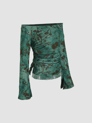 Mesh Off-shoulder Floral Ruched Long Sleeve Top