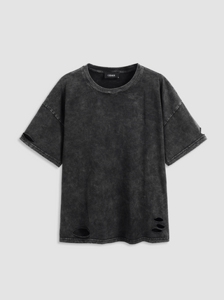 Jersey Round Neckline Solid Ripped Short Sleeve Tee