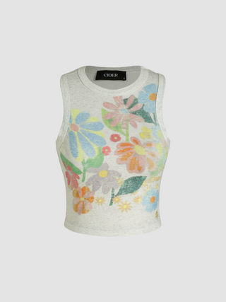 Jersey Round Neckline Floral Crop Tank Top