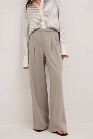 Mid Waist Pleated Pocket Button Wide Leg Trousers