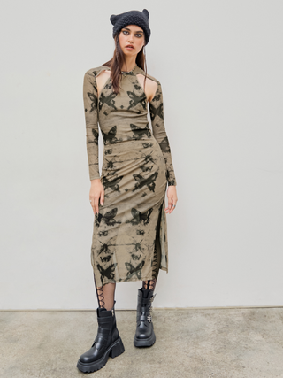 Mesh Stand Collar Butterfly Pattern Cut Out Split Maxi Dress