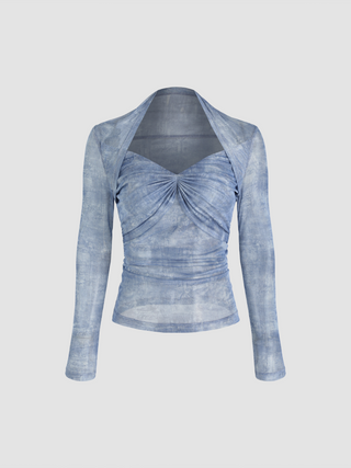 Mesh Sweetheart Abstract Twist Long Sleeve Tee