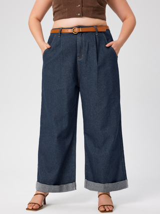 Mid Waist Belted Wide Leg Jeans Curve & Plus