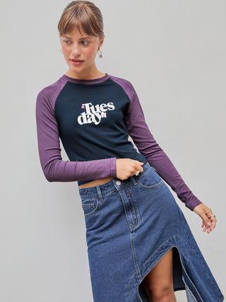 Round Neckline Graphic Patched Raglan Sleeve Top