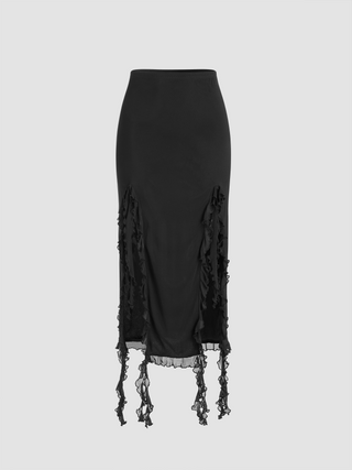 Mid-Rise Solid Split Ruffle Trim Maxi Skirt