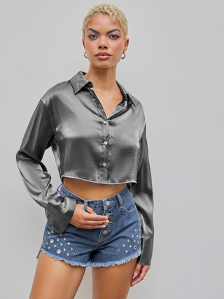 Metallic Collar Button Long Sleeve Crop Blouse