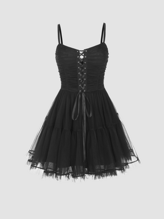 Mesh Tulle V-neck Lace Up Mini Dress