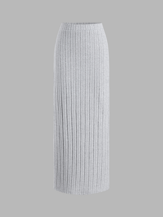 Mid Waist Split Solid Ribbed Maxi Skirt