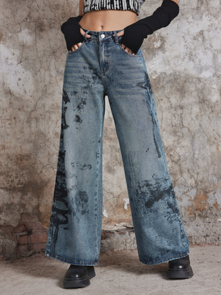 Mid Waist Splash Ink Wide Leg Jeans