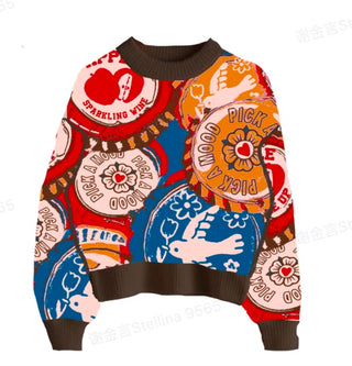 Round Neck Graphic Knitted Long Sleeve Top