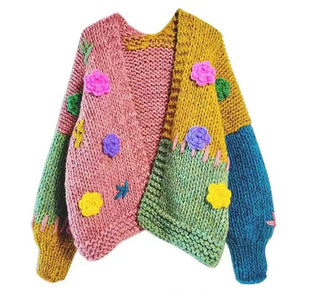 Knit Floral Contrasting Binding Cardigan