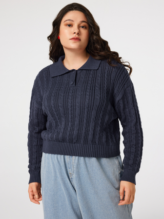 Polo Cable Knit Long Sleeve Sweater Curve & Plus