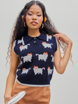 Polo Cat Button Knitted Crop Vest
