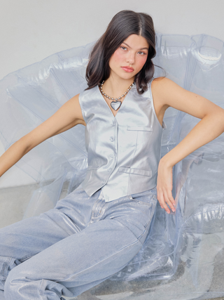 Metallic V-neck Button Jacket Vest