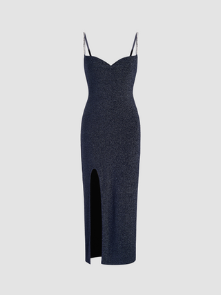 Metallic Split Rhinestone Midi Dress