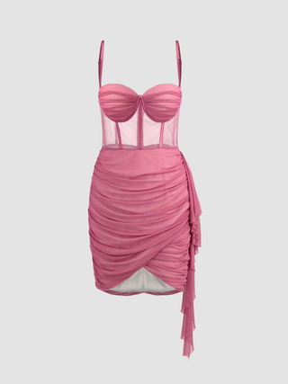 Mesh U-neck Corset Ruched Mini Dress