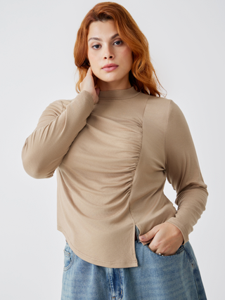 Jersey High Neck Ruched Slit Long Sleeve Top Curve & Plus