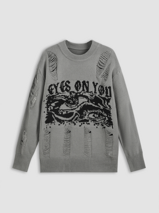 Round Neckline Graphic Ripped Knitted Long Sleeve Top